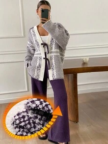 DAZY 2pcs/Set Women Knitted Loose Long Sleeve Pants Pajama Set, Autumn/Winter, Fall Clothes - Grey - View 3