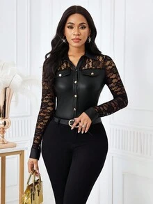 SHEIN Lady Áo thun nữ tay dài cài nút ren tương phản bằng da PU có túi nắp - màu đen - Xem 7