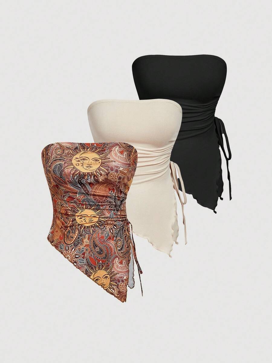 SHEIN MOD 3pcs Women Drawstring Design Ruched Fashionable Tube Top, Halloween Costumes, Vacation Women, 2000s , Costume - Multicolor - View 1