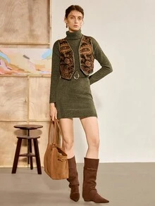 Chiquease Solid Color Casual Loose Knit Sweater Dress, Vintage High Neck Thick Sweater Dress - Army Green - View 3