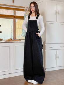 Rivivi 女式休闲水洗阔腿牛仔背带裤 - 黑色 - 查看 5