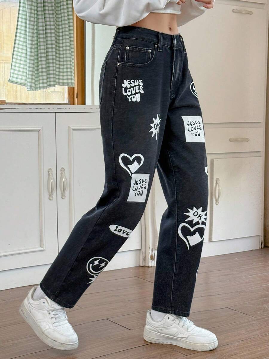 SHEIN EZwear 女式字母和笑脸印花口袋休闲锥形牛仔裤 - 黑色 - 查看 1