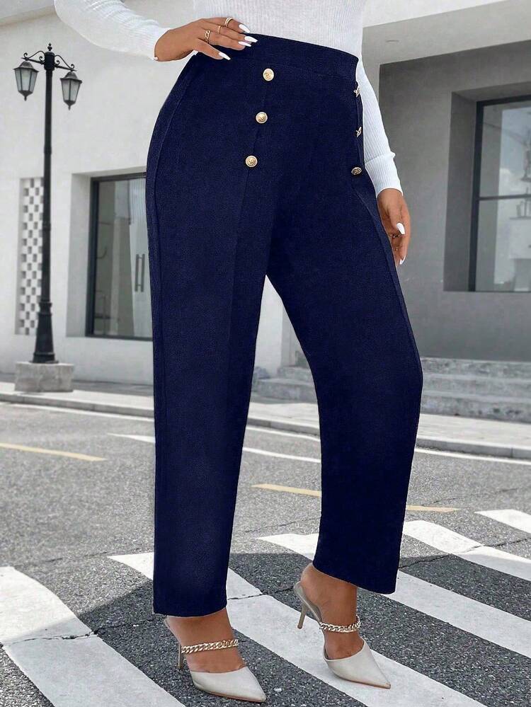 EMERY ROSE Pantalones de punto rectos con textura de metal y doble hilera, talla grande, elegantes para desplazamientos y salidas. - Azul Marino - Añade 1