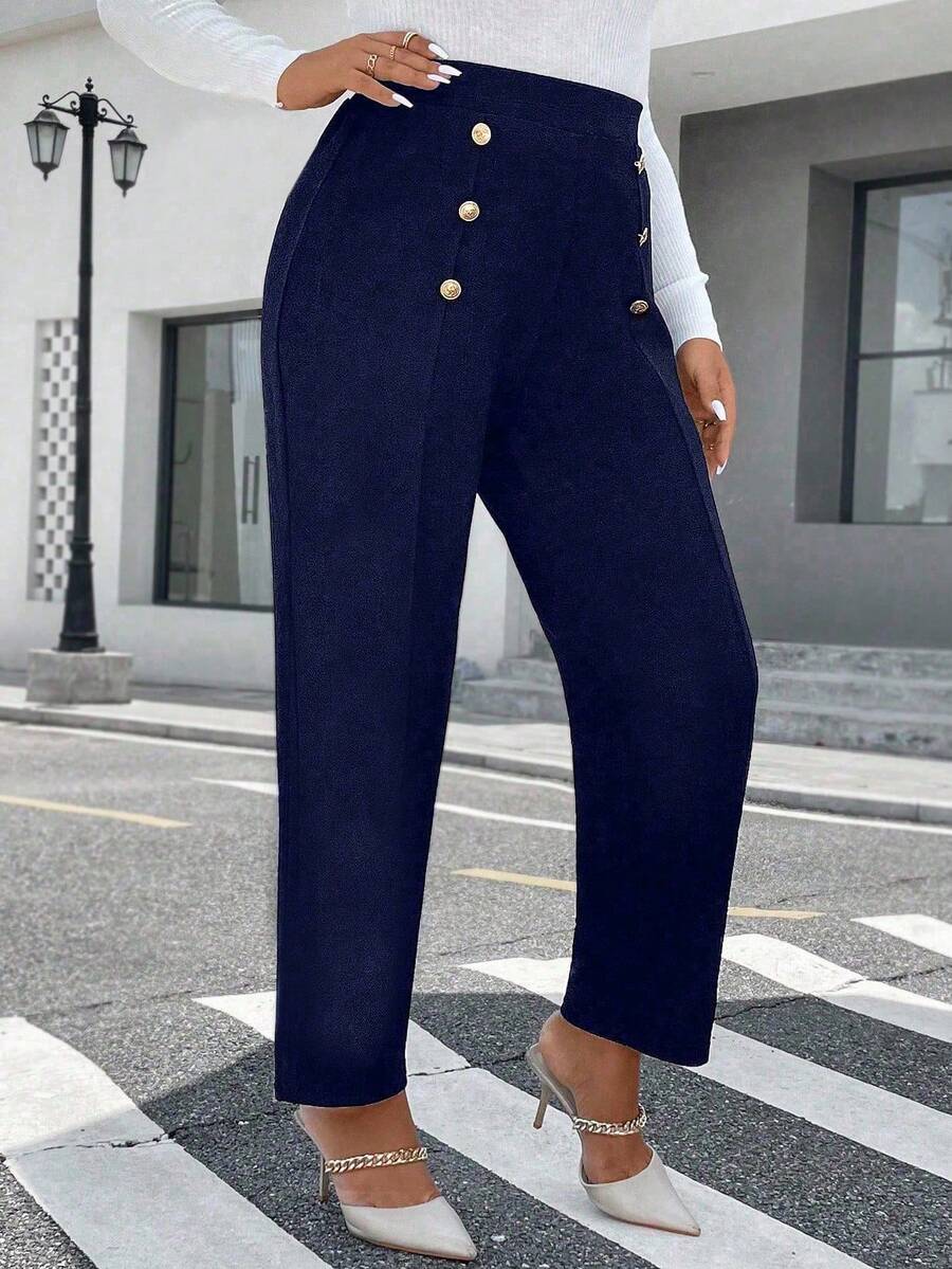 EMERY ROSE Plus Size Double Row Metal Decor Textured Fabric Straight Leg Knit Pants, Elegant For Commuting And Outings - Navy Blue - View 1