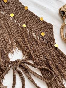 Soleia Women's Sequin Halter Fringe Knit Top And Knit Mini Skirt Set, Summer, Ibiza Style, Holiday Vacation Sexy Party Autumn/Winter,New Year's Eve Dress,Party Dress, Christmas Party Dress , Chic Evening Dress,New Year Clothes,Party Dresses For Women,Glitter Dress,New Year Clothes - Khaki - View 7