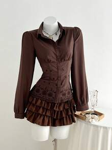 Elamini 女士棕色长袖衬衫，腰部收紧，蕾丝边，优雅装扮，适合秋冬季日常、通勤、休闲穿着 - 棕色 - 查看 5