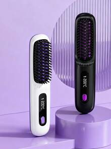 JMMO Cordless Hair Straightener Brush With LCD Display Temperature Adjustable, Portable Mini Straightening Brush For Travel, Negative Ion Hot Comb For Women Styling Hair Styler, Anti-Scald, Ceramic Coating - Black - View 3