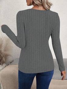 EMERY ROSE Women's Solid Color Round Neck Long Sleeve Button Design Ribbed Casual T-Shirt - Grey - View 2