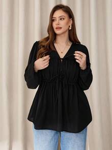 Auralis 大码女装秋冬时尚休闲宽松舒适日常修身褶皱吊带长袖黑色衬衫、女式衬衫、秋季服装、曲线可爱上衣 - 黑色 - 查看 3