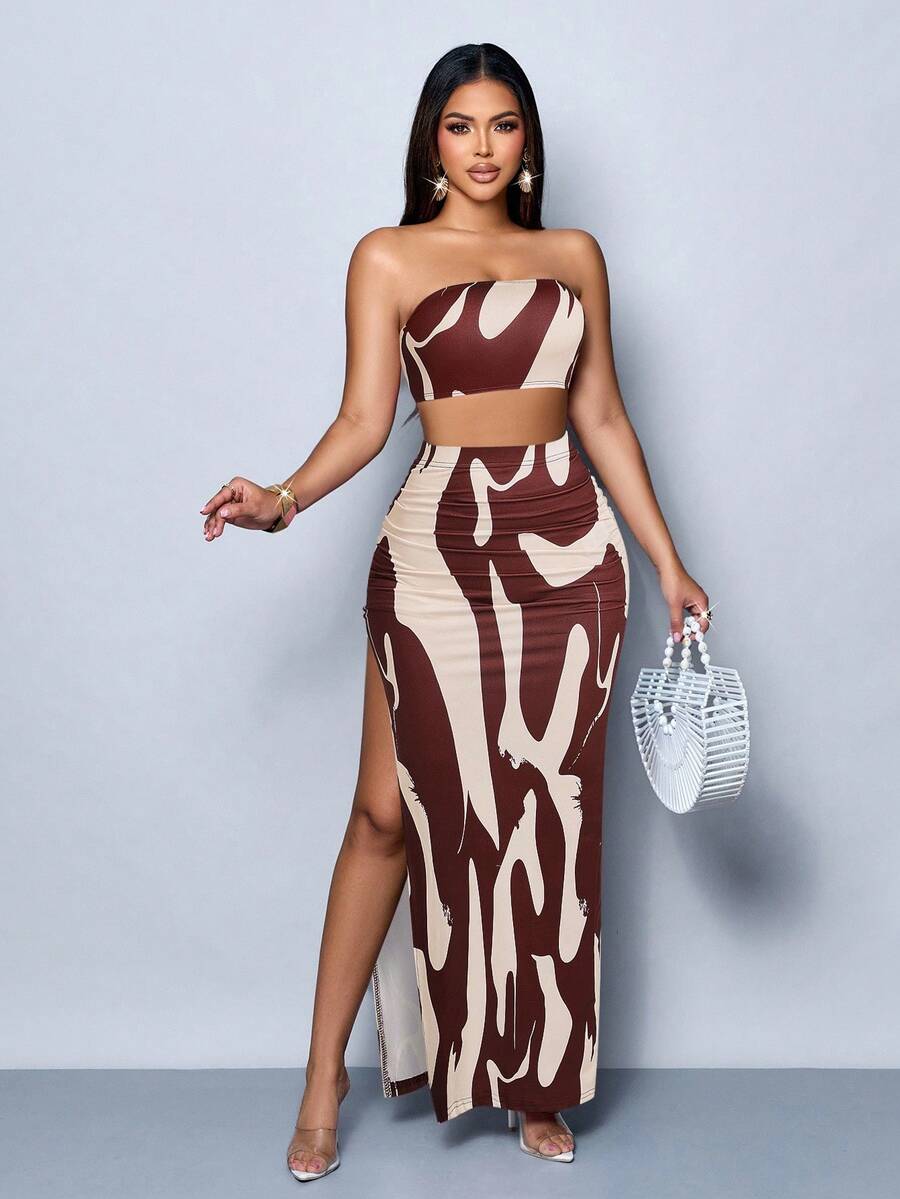 SOLERSUN Damen bedrucktes kurzes Bandeau-Top und figurbetonter Rock mit Seitenschlitz, sexy 2-teiliges Set - Verschiedenfarbig - Übersicht 1