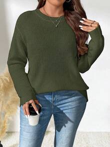 Elenzga Suéter feminino plus size, cor sólida, gola redonda, ombro caído, manga comprida, casual, solto, outono/inverno