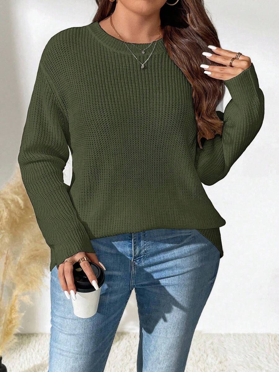 Elenzga Suéter feminino plus size, cor sólida, gola redonda, ombro caído, manga comprida, casual, solto, outono/inverno