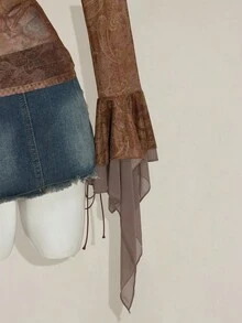 SHEIN ICON Women's Retro Sexy Bohemian Style Y2K Millennial Style Red Paisley Pattern Front Tie Splicing Wool Top Metal Eyelets Multi-Layered Ruffled Trumpet Sleeves See-Through Mesh Slim T-Shirt