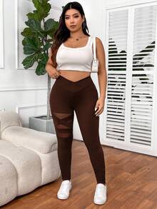 SHEIN PETITE CURVE 大码女式纯色基本款日常打底裤 - 棕色 - 查看 3