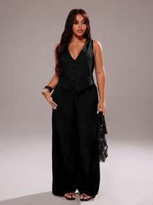 Rustia 大码女式两件套复古法式 V 领浪漫西装套装：修身背心和高腰松紧腰阔腿裤，适合日常穿着、返校季、返校派对 - 黑色 - 查看 5