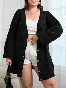 RueChic Áo khoác cardigan cài nút phía trước vai cỡ lớn, cho mùa đông - màu đen - Xem 3
