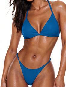 Swim Basics Summer Beach Triangle Thong Bikini Set - Royal Blue - View 1