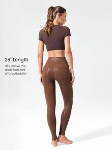 GLOWMODE 26 英寸 GlowFlex 铝箔仿皮羊毛弹力吸汗口袋中腰紧身裤，带臀部口袋，瑜伽普拉提工作室秋冬日常休闲装 - 咖啡棕 - 查看 2