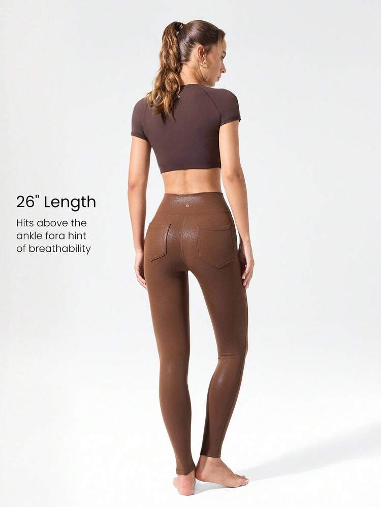 26インチ グローフレックス フォイル フォーク レザー フリース ストレッチ 吸汗速乾 ポケット付き ミッドライズ レギンス ヒップポケット ヨガ ピラティス スタジオ 秋冬 デイリーカジュアルウェア