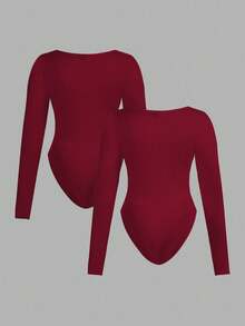 SHEIN Essnce Modische Lässig Business Outfit für Damen in Große Größen, 2-teilig, Schwarz, Burgund, Ankerrot, Mehrteiliger enger Jumpsuit mit Bodycon-Schnitt, Quadratischem Ausschnitt und Langarm