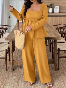 EMERY ROSE 大码女式纯色方领长袖荷叶边下摆衬衫和阔腿裤休闲两件套 - 芥末黃 - 查看 4