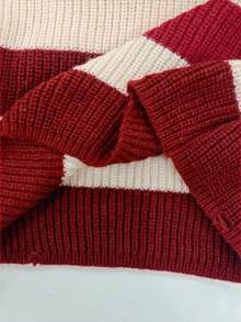 SHEIN 2 件套青少年女孩冬季针织服装，时尚休闲黑白条纹毛衣和针织裤套装 - 酒紅色 - 查看 8