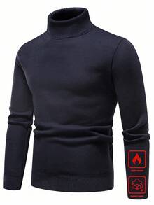 Calvornis Men's Thermal Lined Solid Color Turtleneck Pleated Long Sleeve Sweater, Fashionable For Autumn/Winter - Navy Blue - View 3