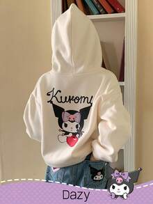 DAZY HELLO KITTY AND FRIENDS | SHEIN 少女卡通字母图案拉链连帽抓绒卫衣，冬季 - 米色 - 查看 5