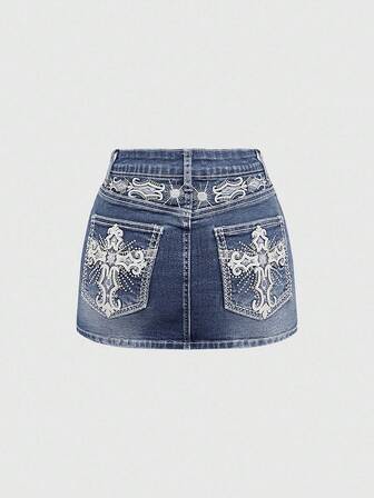 Grunge Punk Minigonna vintage Y2K a vita alta con tasche, ricamo a croce e ali (include leggings)