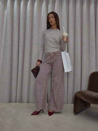 MUSERA Jeans de mezclilla lavada con detalle de costura acampanada, estilo urbano, lindo, elegante, casual, sexy, para salir, otoño, invierno, toffee, fiesta de noche, elegante, primavera, verano