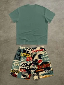 Manfinity ZONE917 Men's Letter Print Round Neck Short Sleeve Casual T-Shirt And Drawstring Waist Shorts Set Men Casual Graphic Letter Print Short Sleeve T Shirt And Shorts Set
