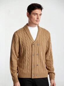 Manfinity CityGents 男士休闲纯色双排扣开衫，秋冬 - 卡其色 - 查看 5