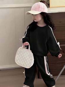 Dazy Kids 2pcs/Set Young Girls Round Neck Knitted Sweatshirt Set, Fall - Black - View 2