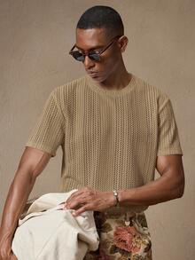 AKNOTIC Business Casual Men's Knitted Jacquard Crochet Combination Short Sleeve T-Shirt, Suitable For Summer, Vacation, Casual Wear, Party, Couple, Men's Gift, Father's Day Gift - Brown - View 6