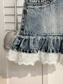 Elamini 女式拼布刺绣荷叶边下摆时尚牛仔迷你裙 - 藍色 - 查看 3