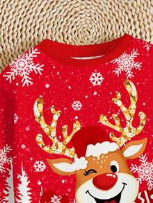 SHEIN Conjunto de 2 peças de moletom e leggings para meninas, casual, de natal, fofo, desenho animado, rena, floco de neve, vermelho, festivo, gola redonda, manga comprida, roupa adequada para outono/inverno - Multicolorido - Ver 4