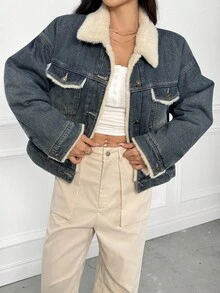 DAZY Women's Loose Fit Padded Coat With Fur Collar And Denim Patchwork, Autumn/Winter Jacket - Blue - View 6