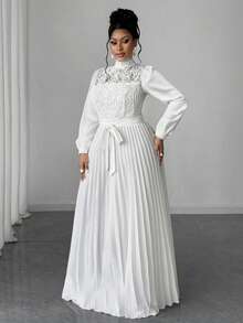 Maweii 大码女式优雅拼接腰部收腰长裙 - 白色 - 查看 7