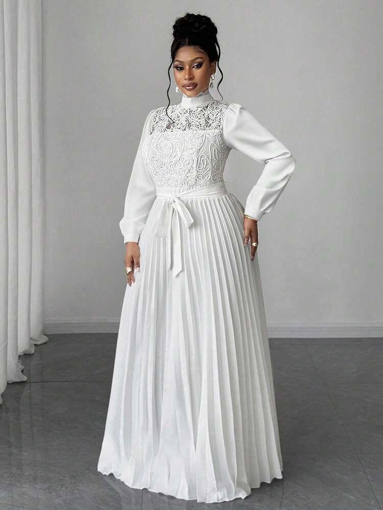 Maweii Vestido largo elegante con cintura ceñida y patchwork para mujer de talla grande - Blanco - Añade 7