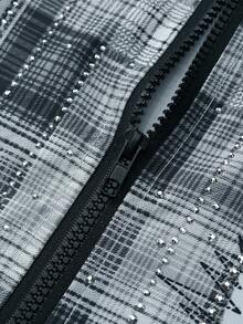 ROMWE MEN Street Life 男式哥特脸印花、水钻装饰、格子图案拉链休闲衬衫、万圣节