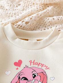 SHEIN 2 件套婴幼儿女童白色运动衫，带有可爱卡通印花和蝴蝶结装饰，长袖圆领运动衫和黑色松紧腰紧身裤，适合休闲、运动、日常穿着、外出、旅行，6 个月至 2-3 岁 - 彩色 - 查看 5