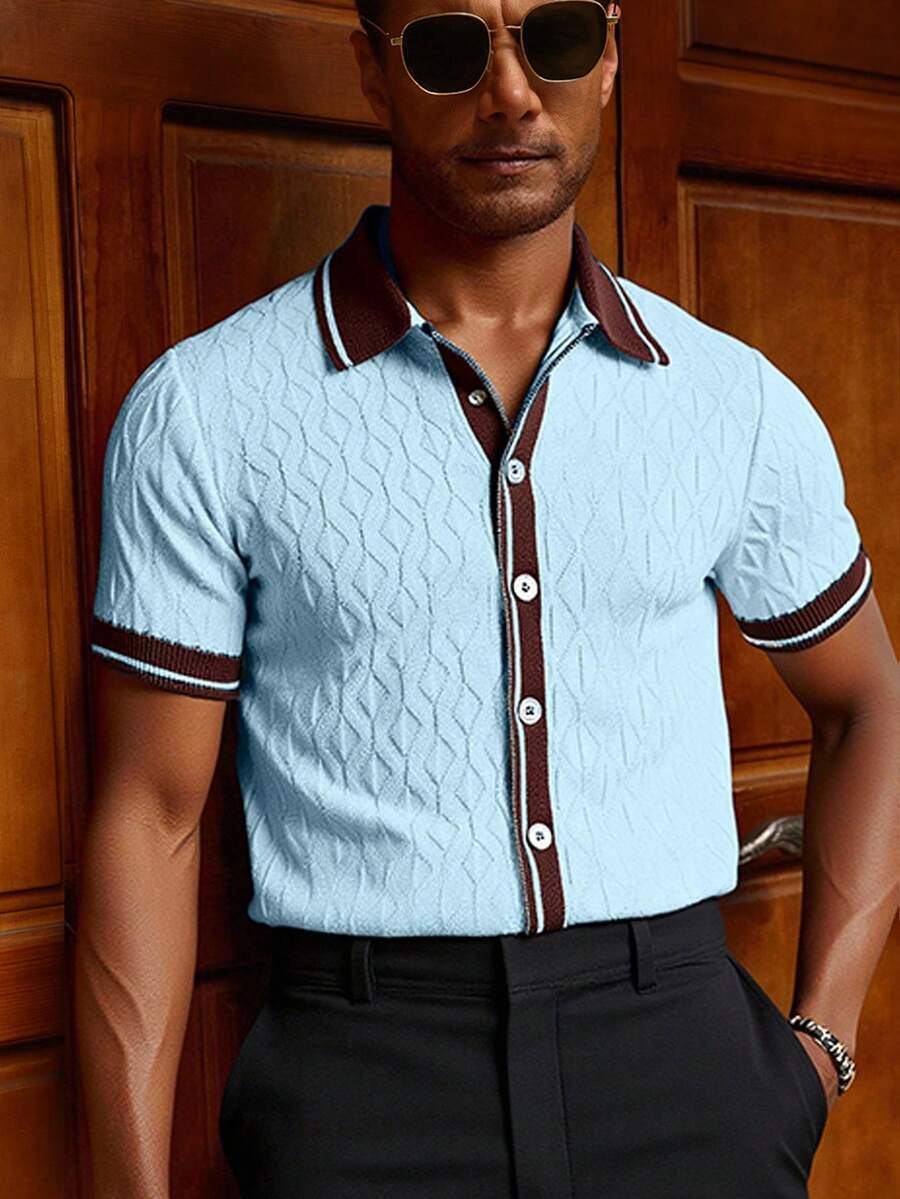 Manfinity Homme 男士条纹短袖单排扣休闲针织上衣 - 淺藍色 - 查看 1