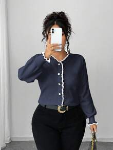 Elenzga Suéter de manga larga ajustado con falso plastrón, elegante y de moda para tallas grandes