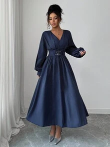 Modelyn 女式长袖交叉领口收腰A字条纹蓝色连衣裙 - 藍色 - 查看 7