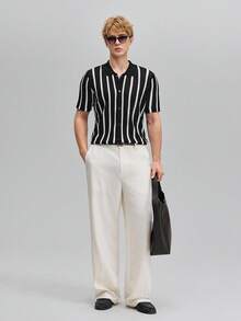 OFFICEAU Men's Contrast Color Hollow Knit Cardigan, Fashionable For Summer, Fall, Old Money Spring To Summer - Black and White - View 2