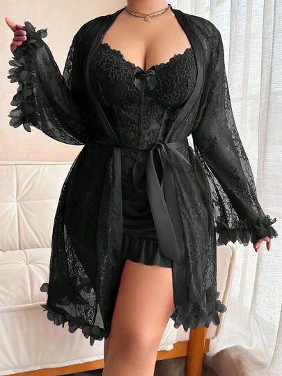 SHEIN 1 Set Plus Size Lace Robe With 3D Floral Decor + Plus Size Lace Camisole Slip Dress With Waist Cinching Design