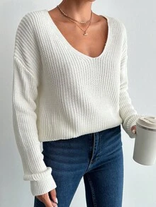 SHEIN Cottnline V-neck Drop Shoulder Sweater - White - View 3
