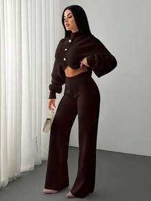 EURMUSE 2 Pieces Ribbed Knit Lounge Set Featuring Asymmetrical Sweater With Decorative Bow Accents And Matching High-Waisted Pants - Brown - View 4