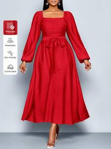 SOLERSUN 女式加大码法式纯色方领长袖前褶皱荷叶边下摆 A 字休闲优雅连衣裙，春夏新款女装 - 紅色 - 查看 2