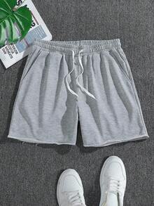 Manfinity Homme Pantalones cortos casuales de talla grande para hombres con borde rasgado, contraste y cordón en la cintura. Son ideales para el verano y hacen un excelente regalo para novios o esposos. - Gris - Ver 7